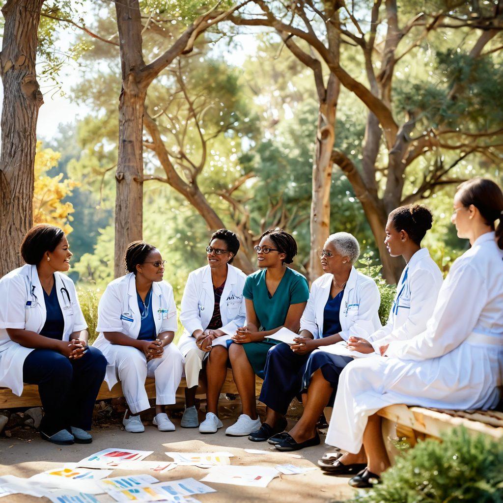 A serene landscape featuring a diverse group of patients and healthcare professionals in conversation, surrounded by informational charts and supportive resources. Include symbols of hope such as ribbons and light bulbs, with warm sunlight filtering through trees. Emphasize connection, empowerment, and education. soft-focus background. vibrant colors. gentle watercolor style.