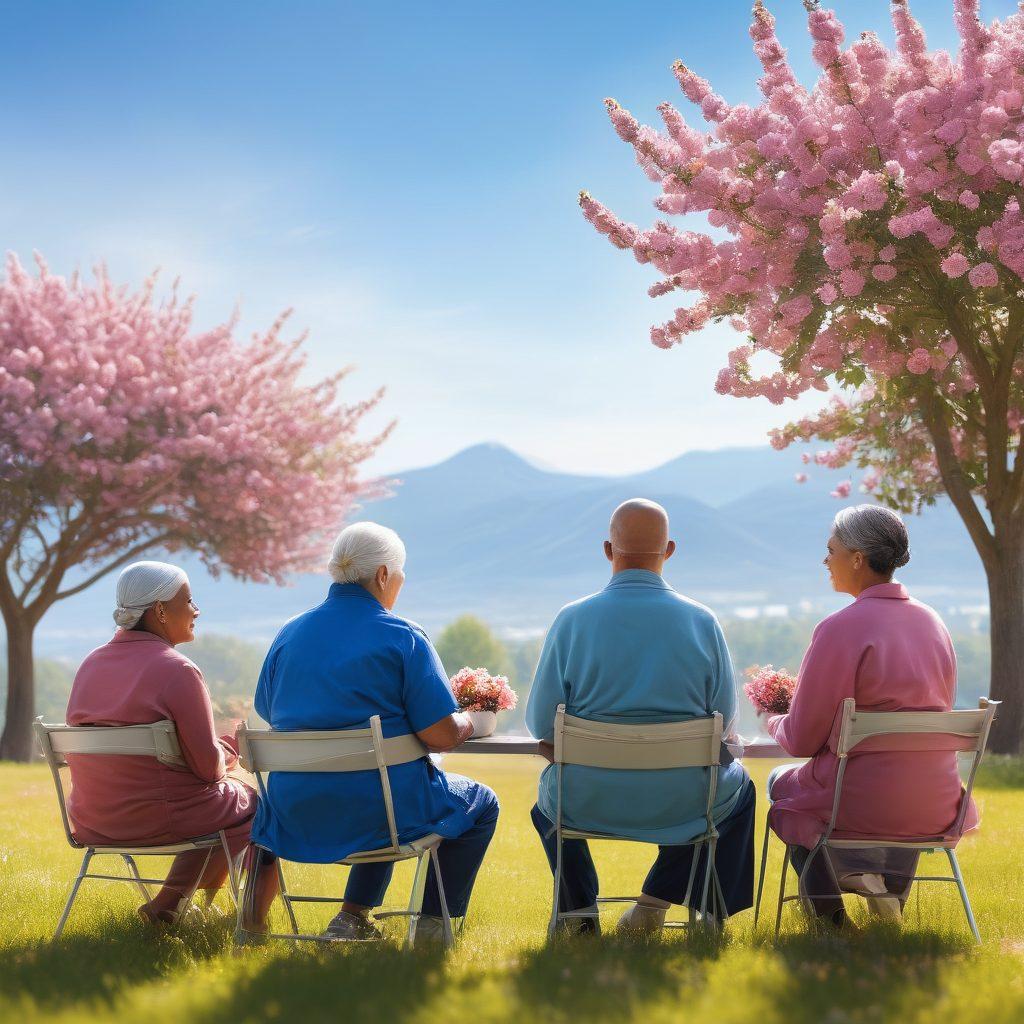 A serene landscape depicting a diverse group of cancer patients and advocates engaging in supportive discussions under a clear blue sky. Include elements like blooming flowers symbolizing hope and resilience, along with an informational banner in the background showcasing essential cancer updates. The scene should radiate warmth, unity, and empowerment. super-realistic. vibrant colors. natural light.