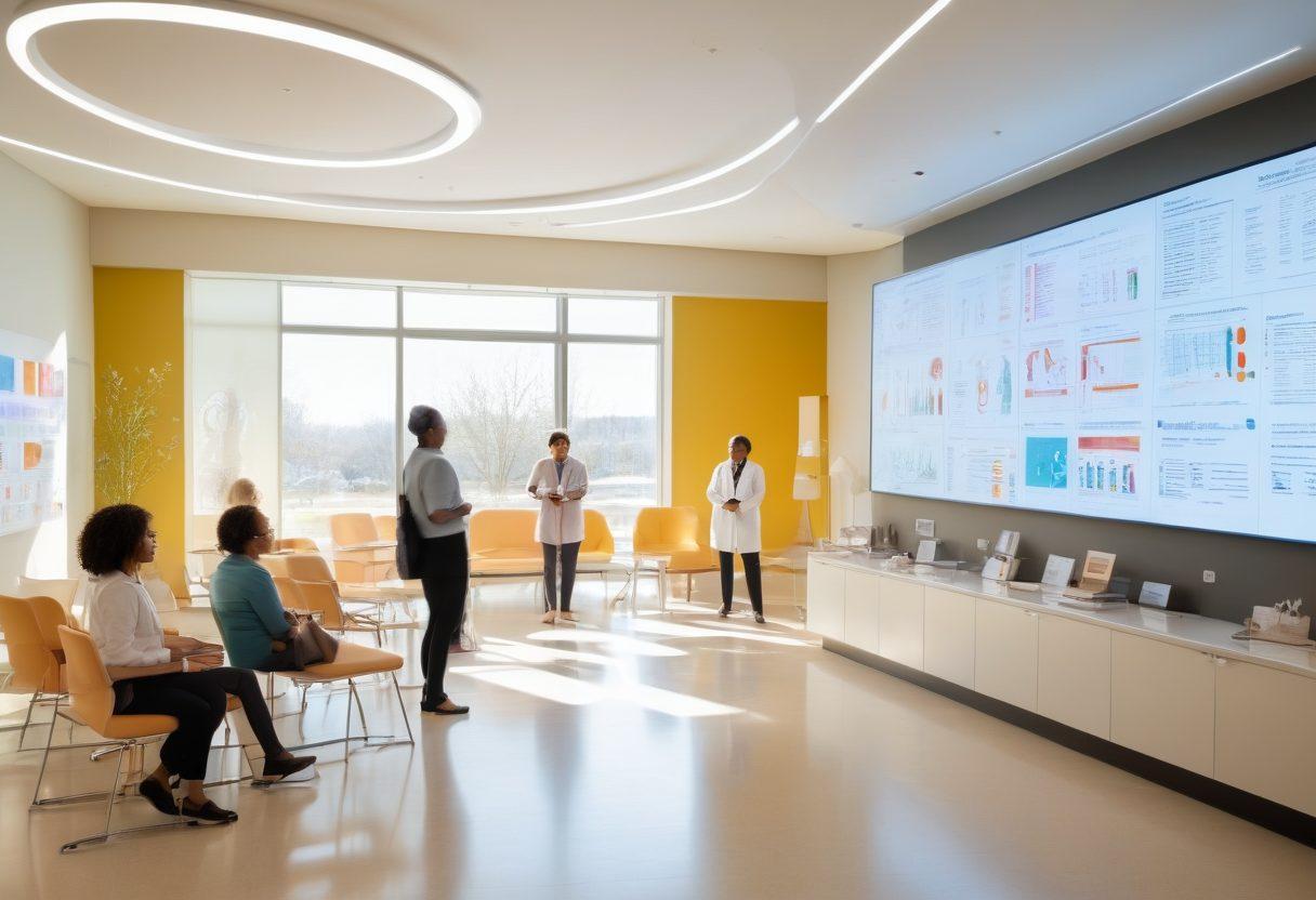 A bright and modern cancer care facility with patients and doctors engaged in discussions, surrounded by educational charts about oncology. Include elements like books and digital screens displaying the latest research findings, symbolizing the fusion of knowledge and care. Show diverse individuals to emphasize inclusivity in healthcare. natural sunlight illuminating the space. vibrant colors. fresh and hopeful atmosphere.
